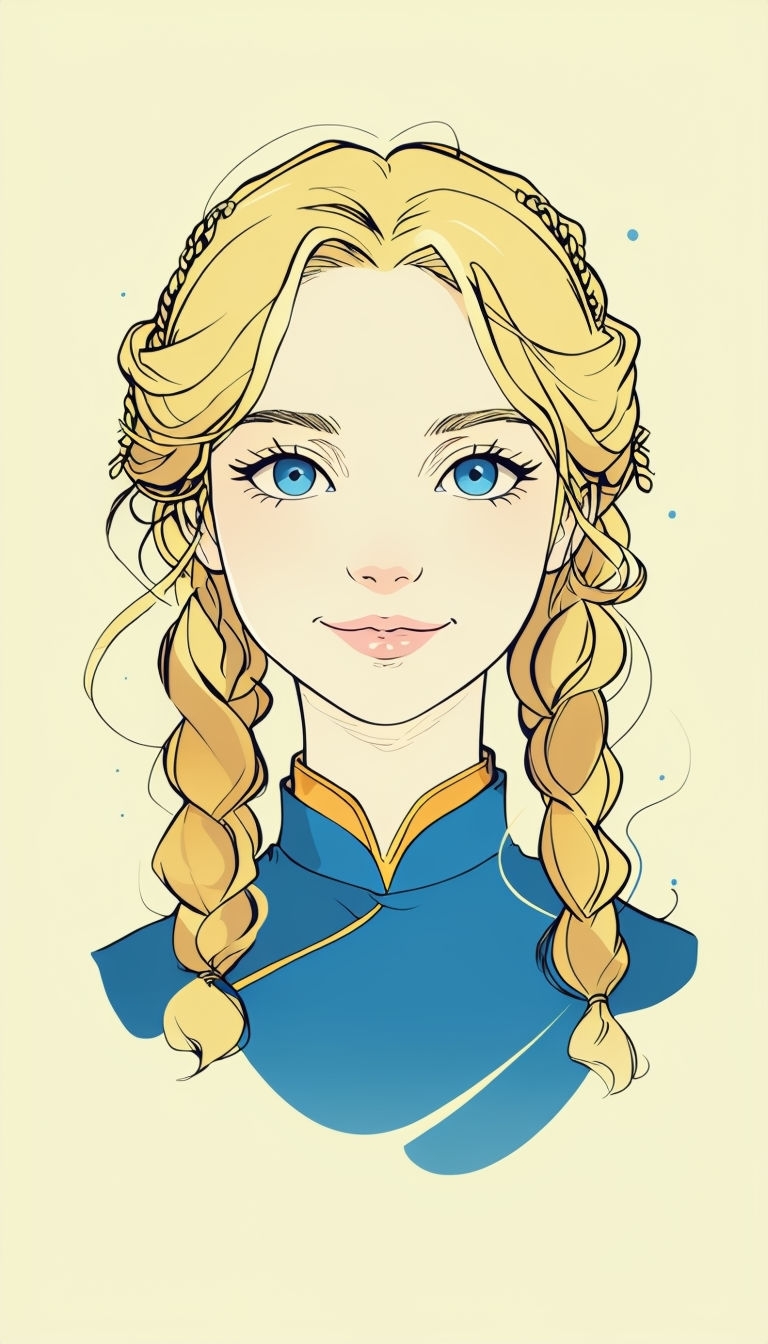 Whimsical Portrait of a Young Woman with Braids and Blue Eyes Art