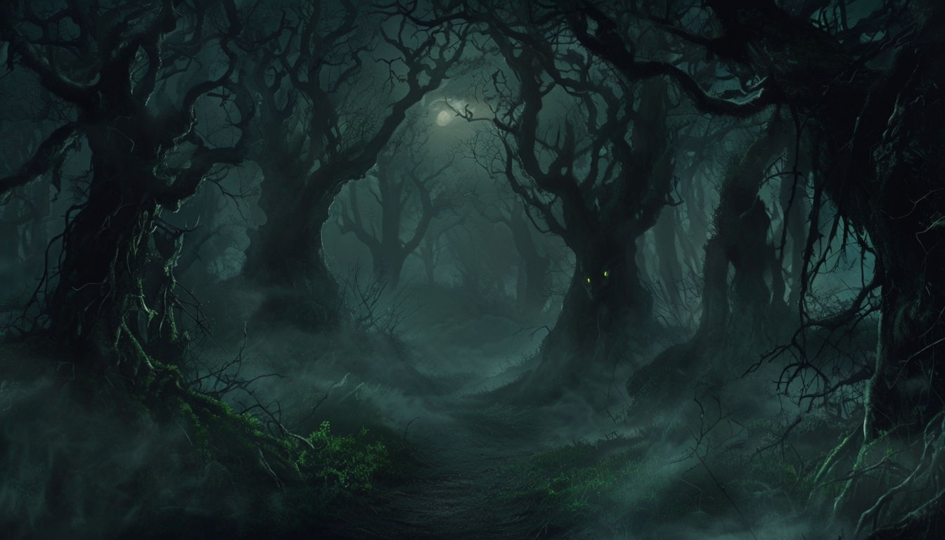 Mysterious Shadowy Forest with Glowing Eyes Art