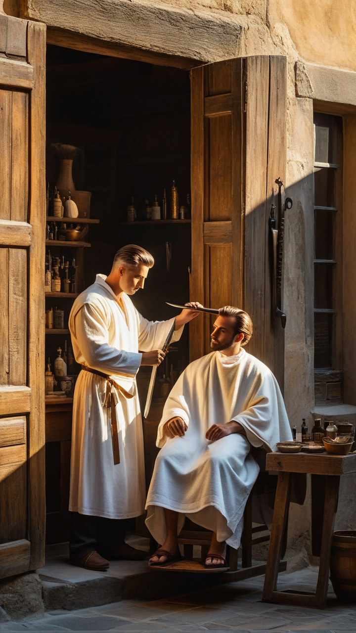 Barber in medieval Europe clips customer's hair by 최성호 - Playground