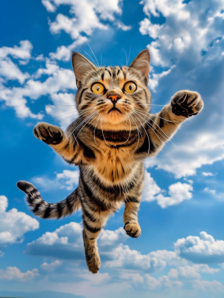 Playful Tabby Cat Mid-Air Jumping Against Blue Sky Meme