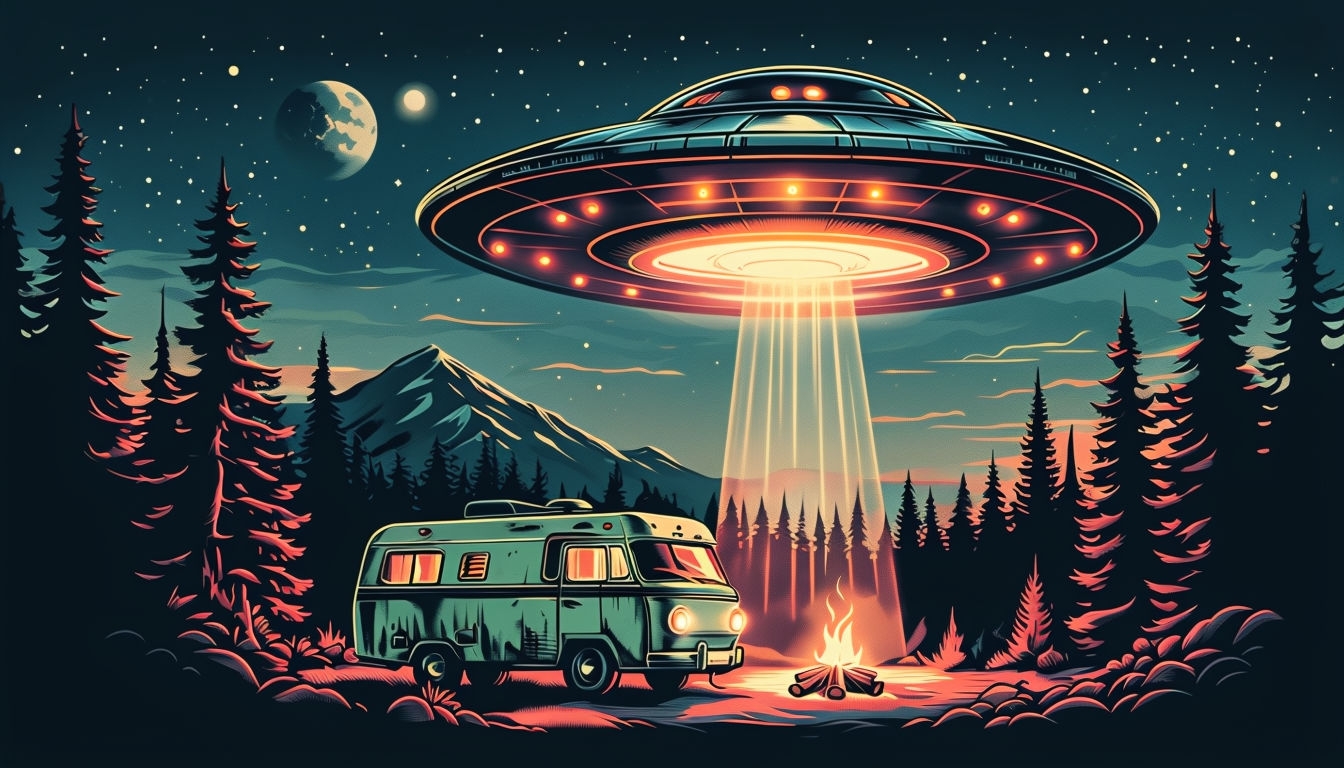 Surreal Retro UFO Nighttime Forest Scene Virtual Background