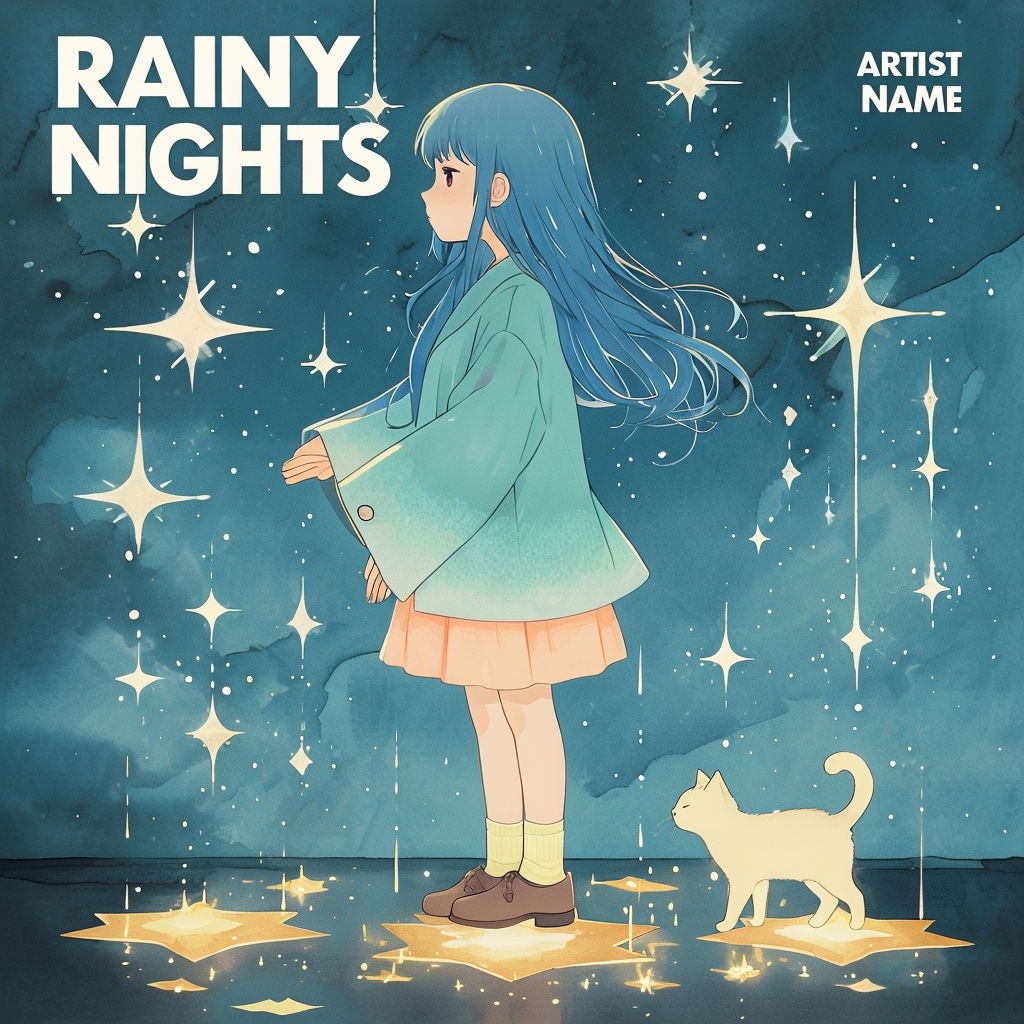 Whimsical Anime Rainy Nights Illustration with Cat in Stardust Cover