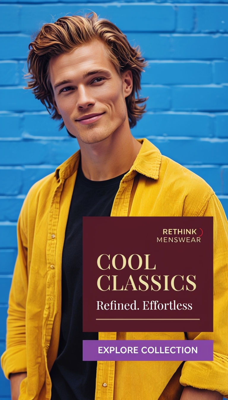 Handsome Young Man in Mustard Yellow Overshirt Advertisement