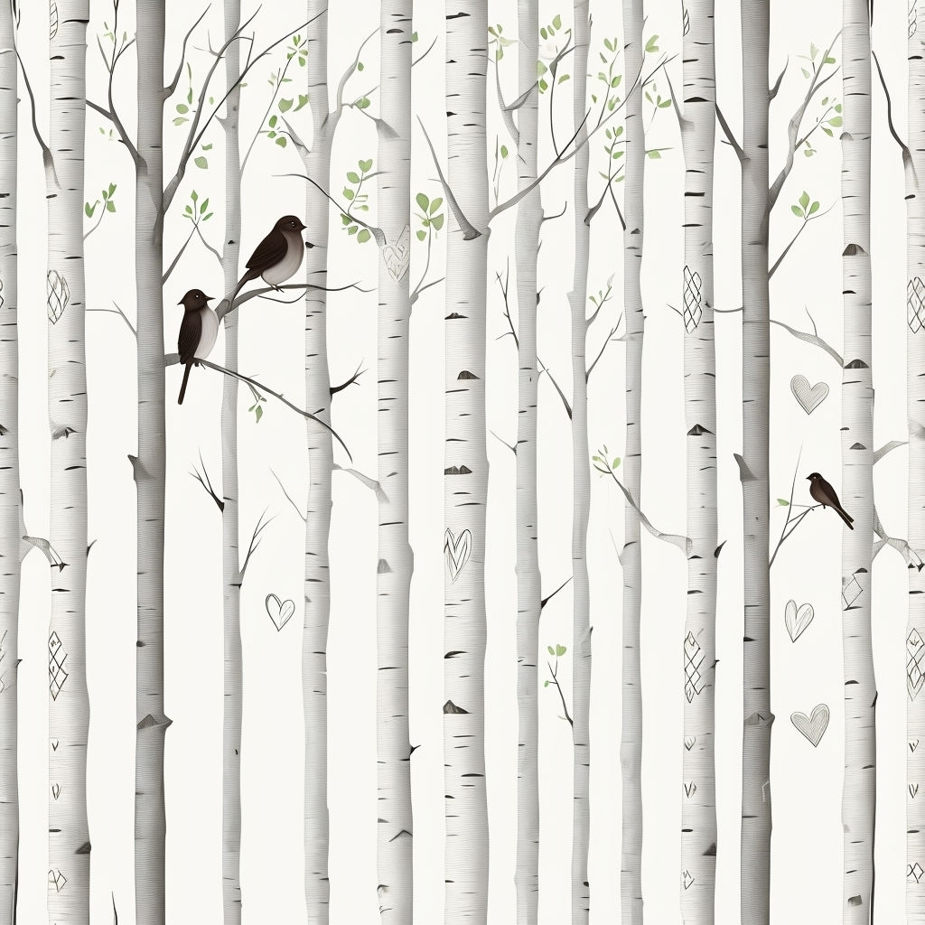 Tranquil Birch Forest Seamless Pattern with Whimsical Elements