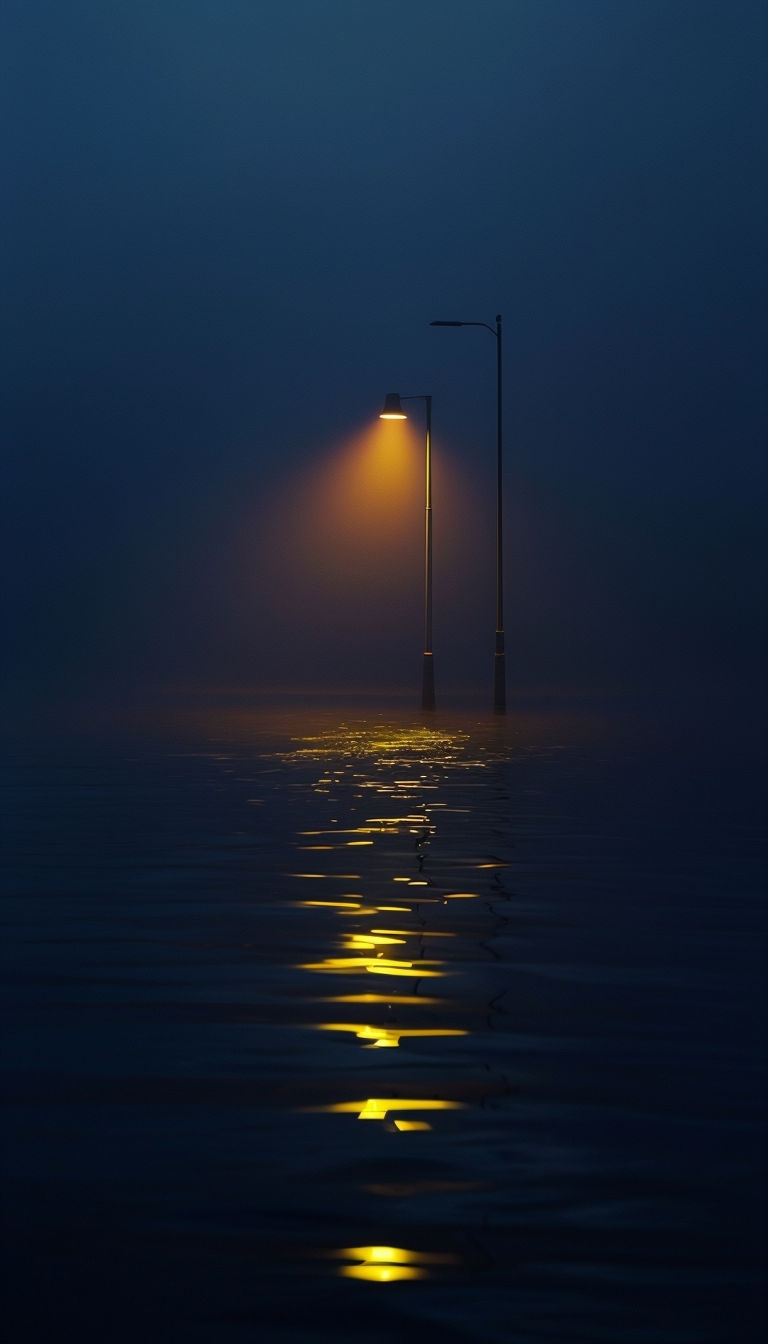 Serene Nighttime Streetlamp Reflection in Calm Water Mobile Wallpaper