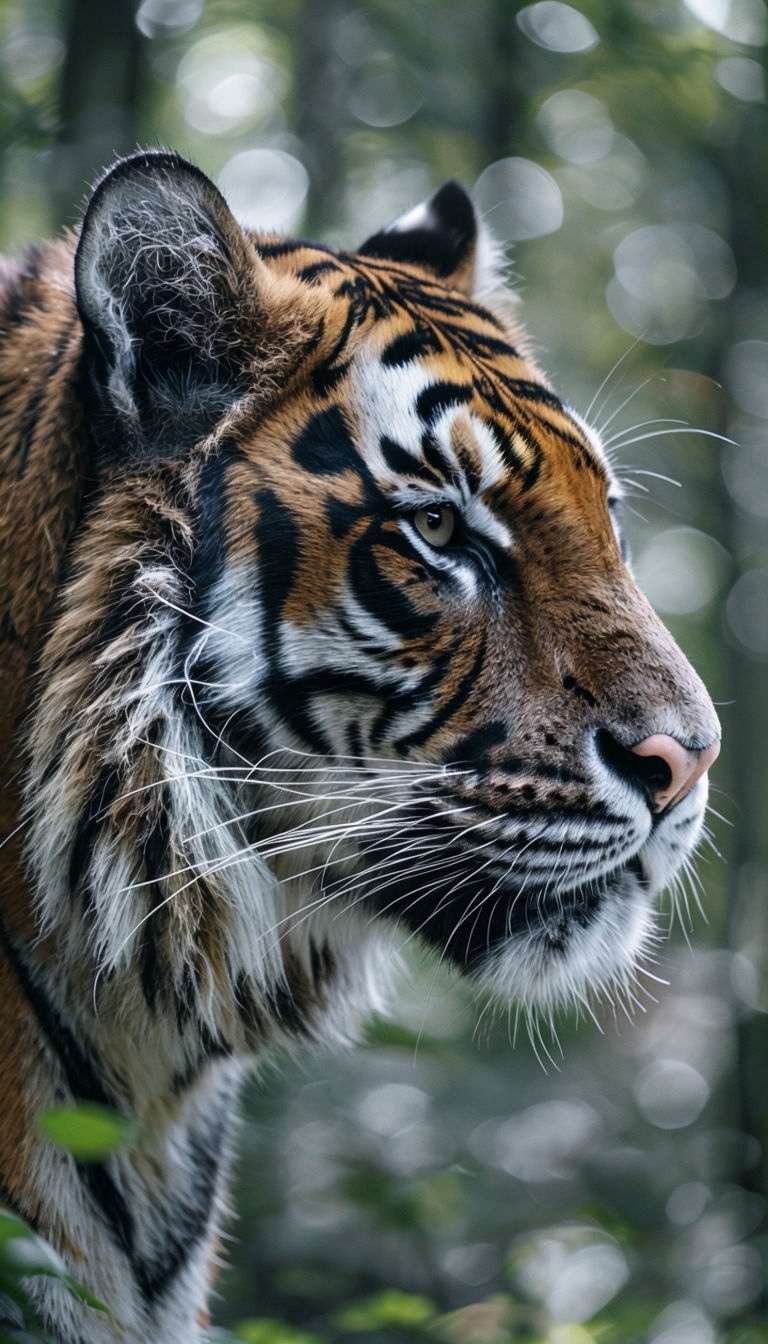 Majestic Side Profile of Tiger in Natural Woodland Setting Mobile Wallpaper