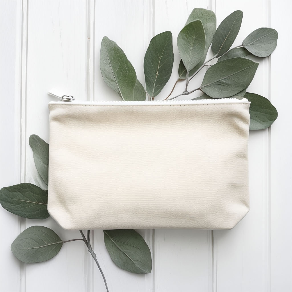 Minimalist Beige Canvas Pouch with Green Leaves Mockup