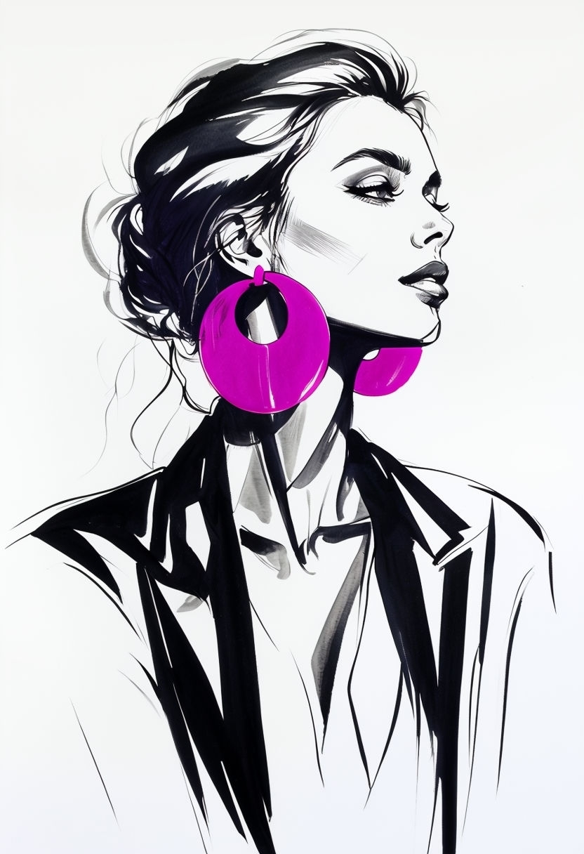 Elegant Profile Woman with Statement Earrings Ink Drawing Art