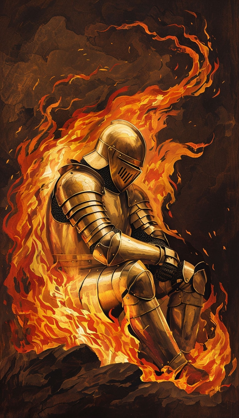 Dramatic Knight in Fiery Armor Amidst Flames Illustration Mobile Wallpaper