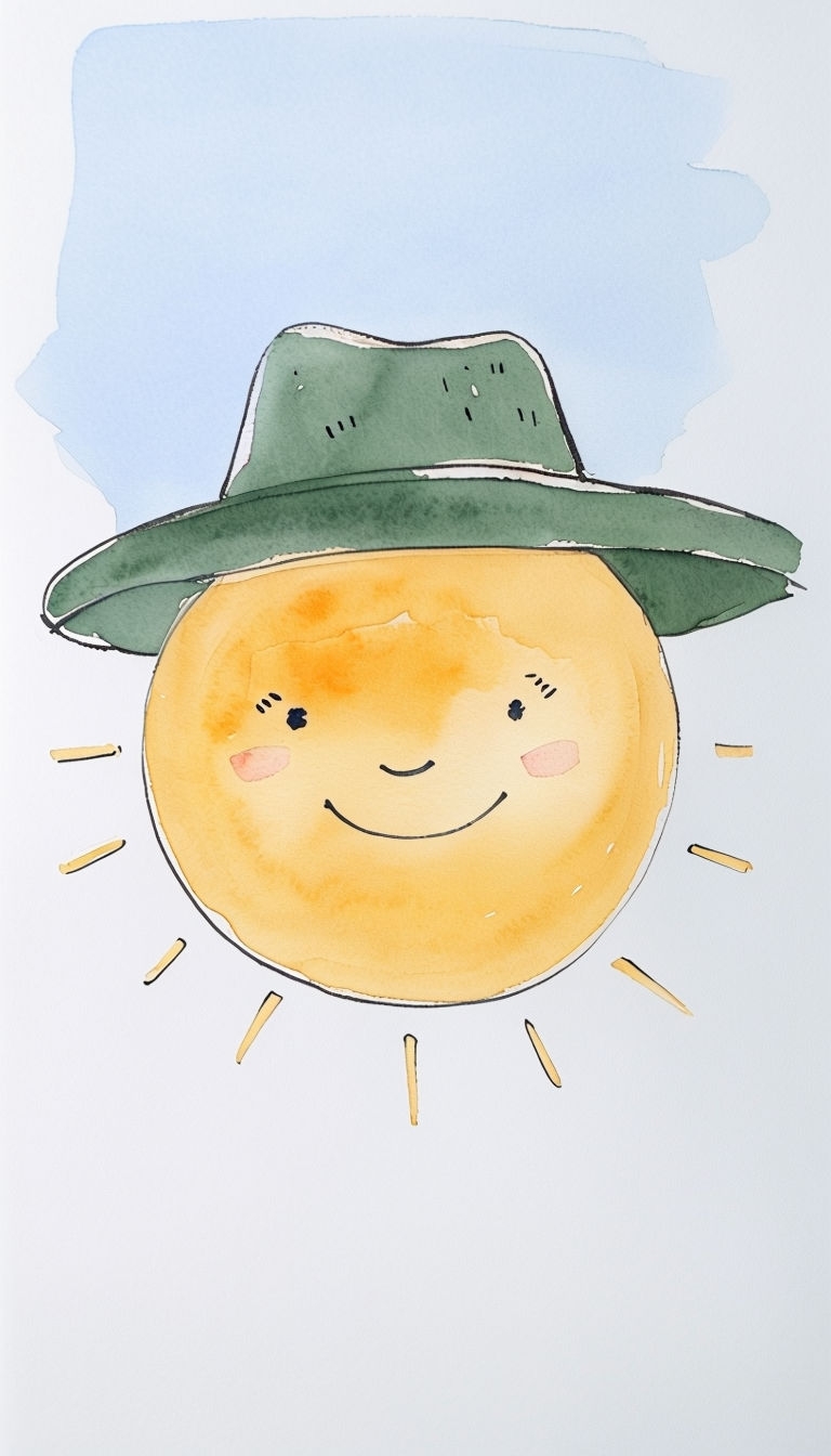 Cheerful Watercolor Sun with Hat Illustration for Mobile Wallpaper