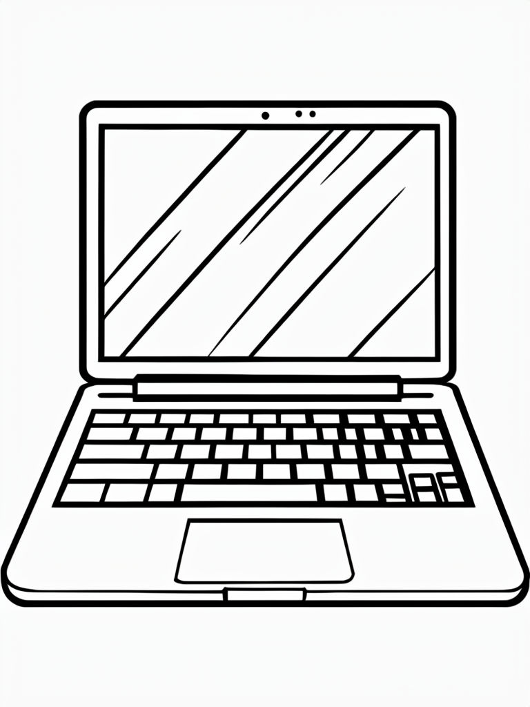Minimalist Black and White Laptop Line Drawing for Coloring Book Pages