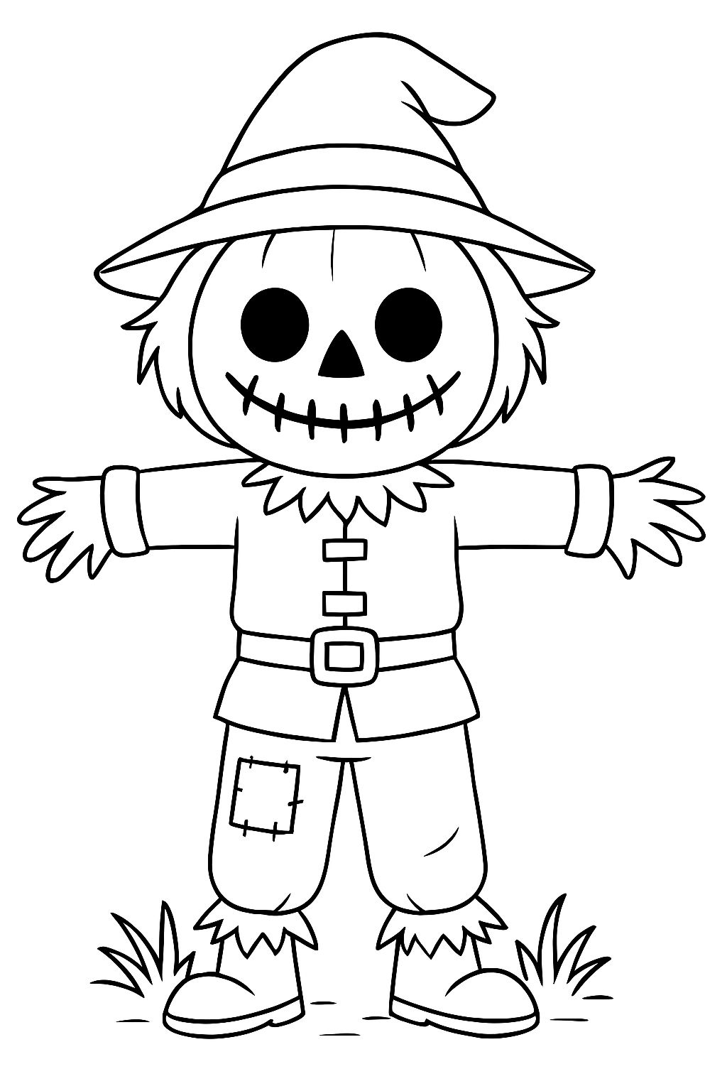 Whimsical Cartoon Scarecrow Line Drawing for Kids Coloring Book Pages
