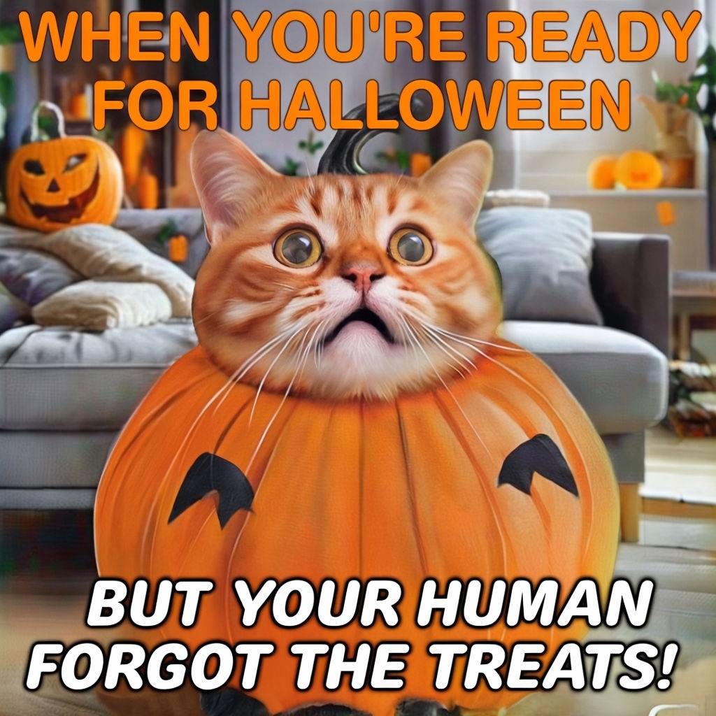 Surprised Cat in Pumpkin Costume Halloween Meme