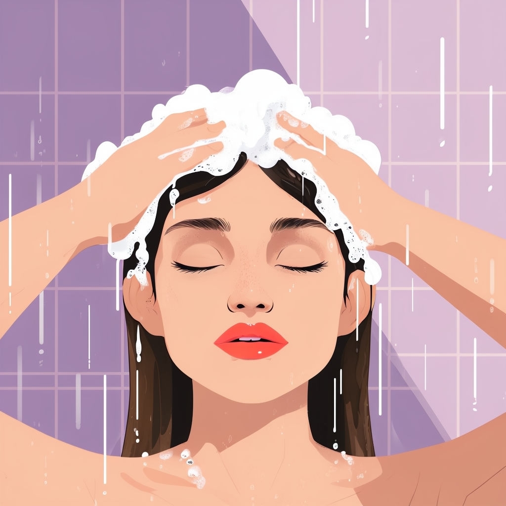 Serene Woman Washing Hair in Shower Minimalist Digital Art