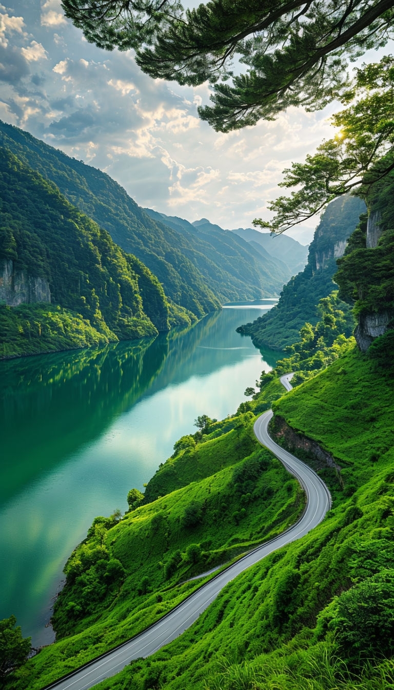 Serene Mountain Valley with Emerald Lake and Winding Road Mobile Wallpaper