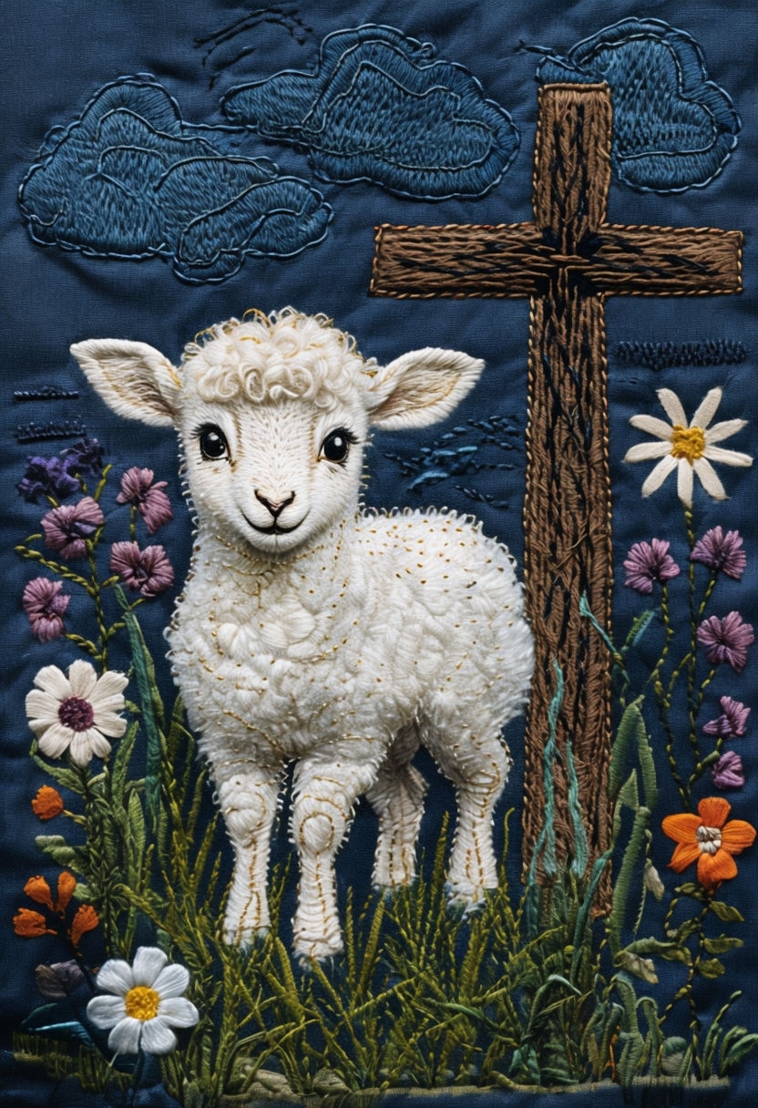 Whimsical Embroidered Landscape of a Cute White Lamb Poster