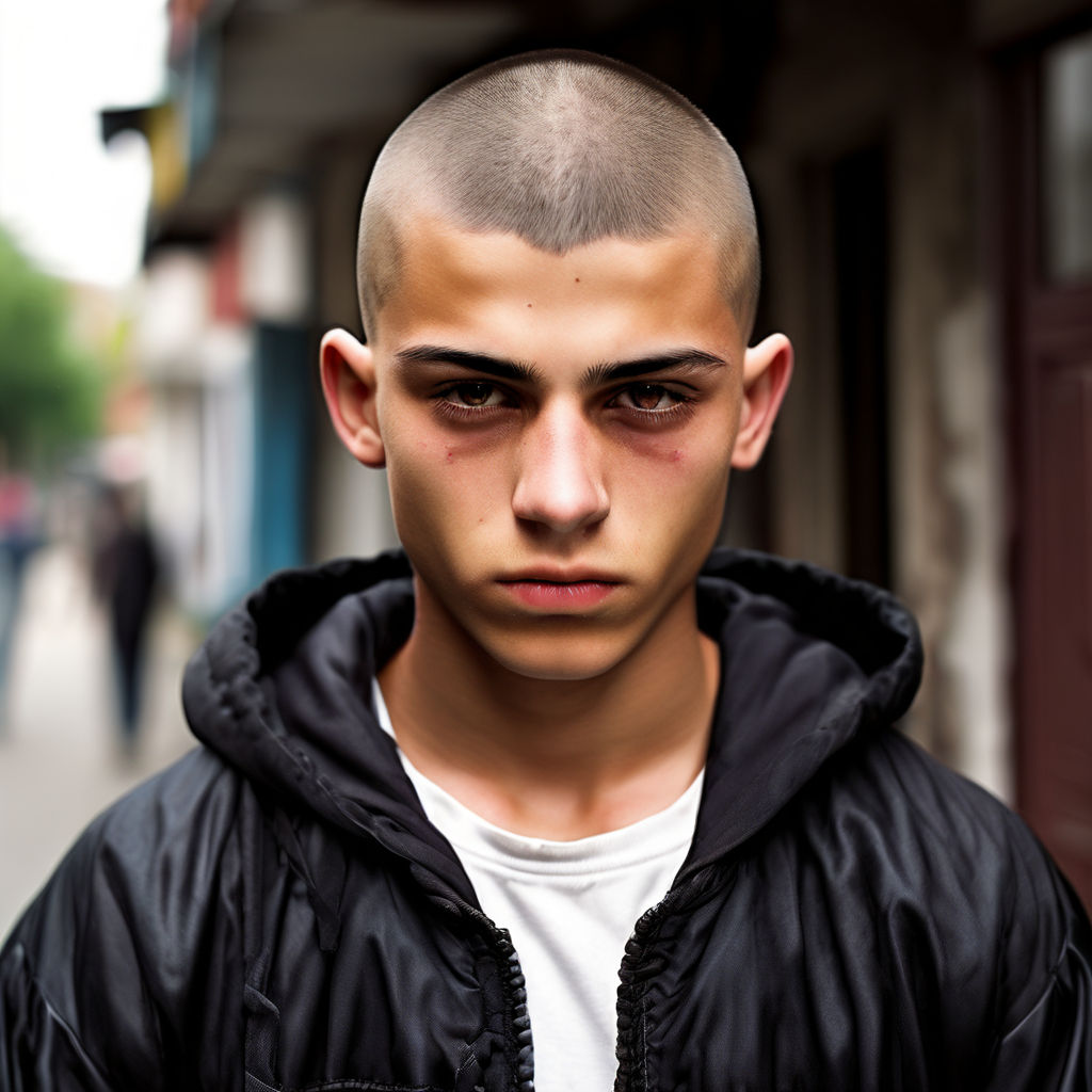 man with gray eyes with very short shaved skinhead haircut and a 8 years  old Russian athletic boy with very short shaved skinhead haircut