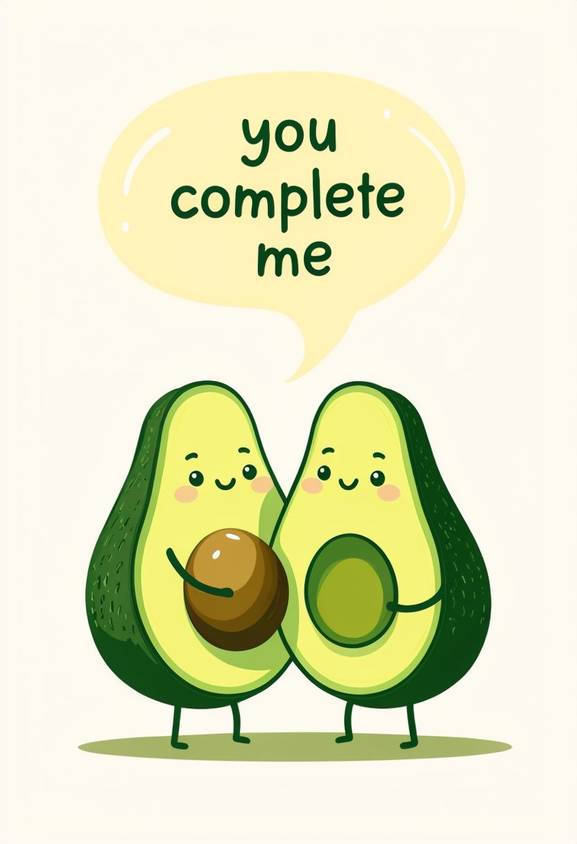 Cute Cartoon Avocado Embrace with "You Complete Me" T-Shirt