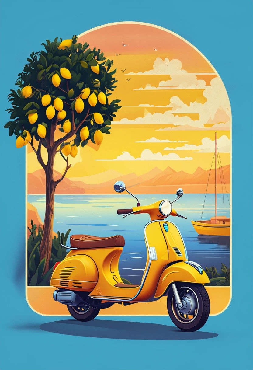 Retro Yellow Scooter Coastal Landscape Illustration T-Shirt