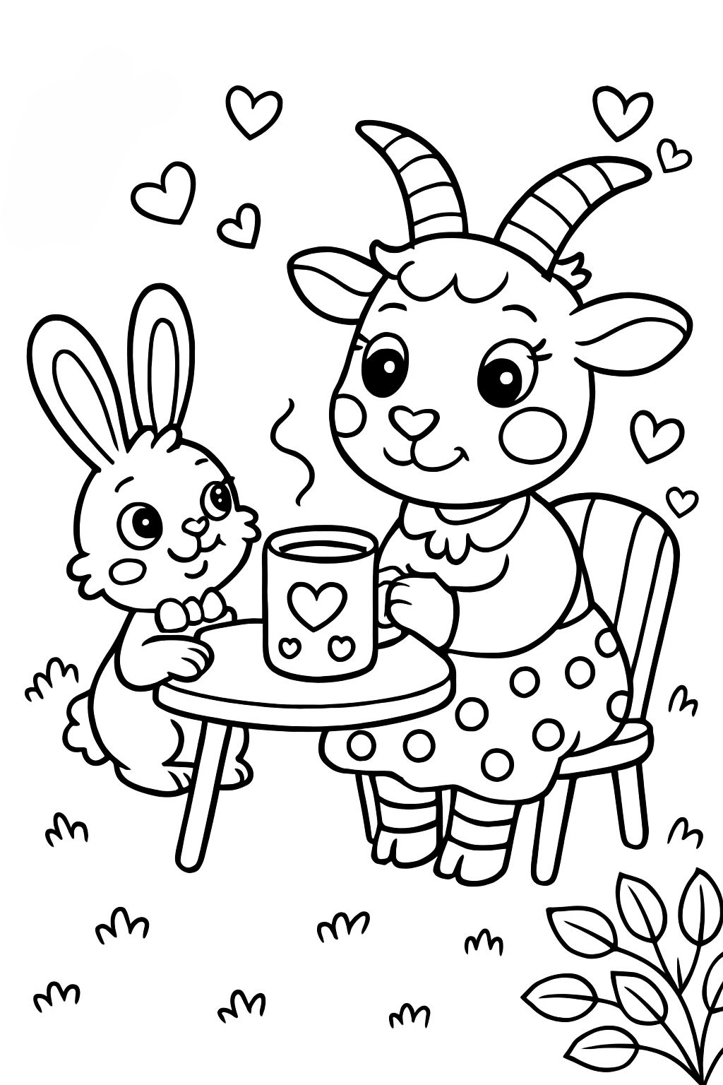 Adorable Goat and Bunny Tea Party Line Drawing Coloring Page