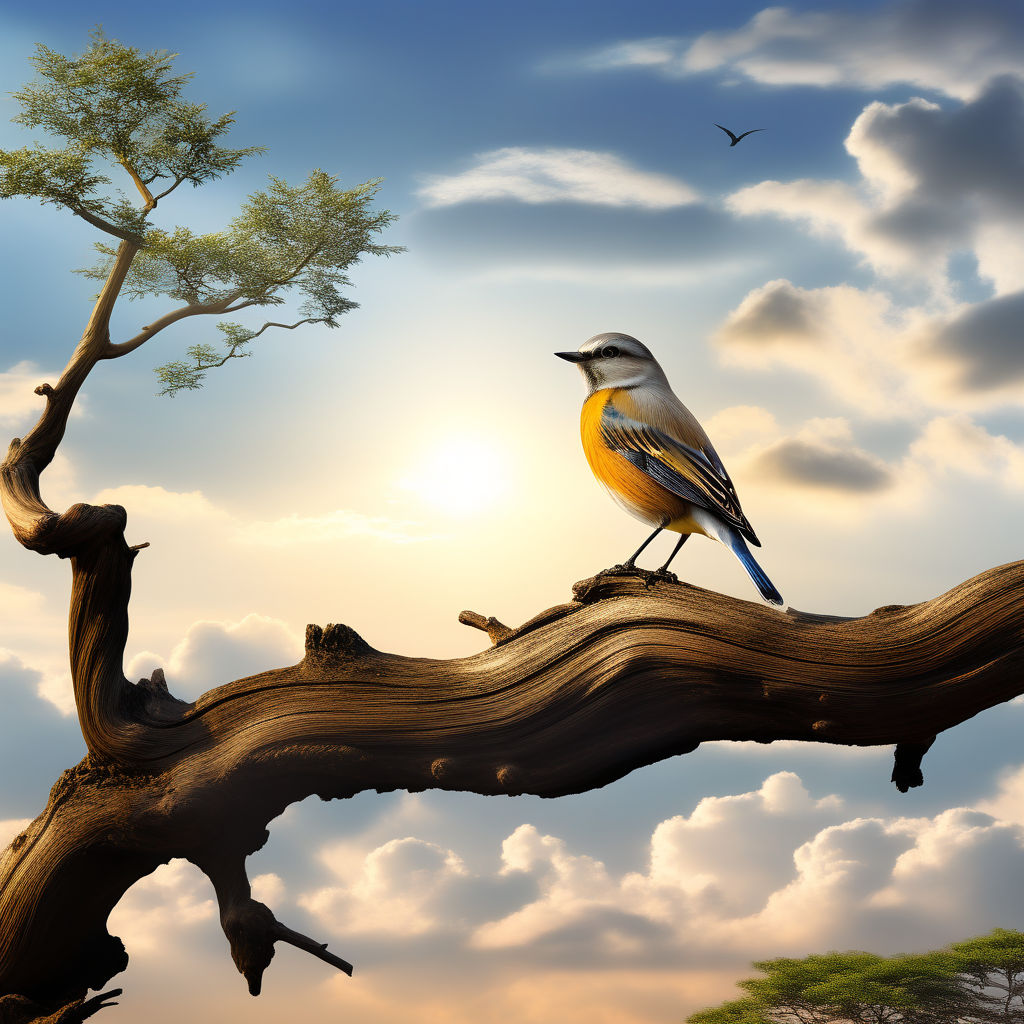 A bird sitting on a tree branch where a portion of the tree ... by ...