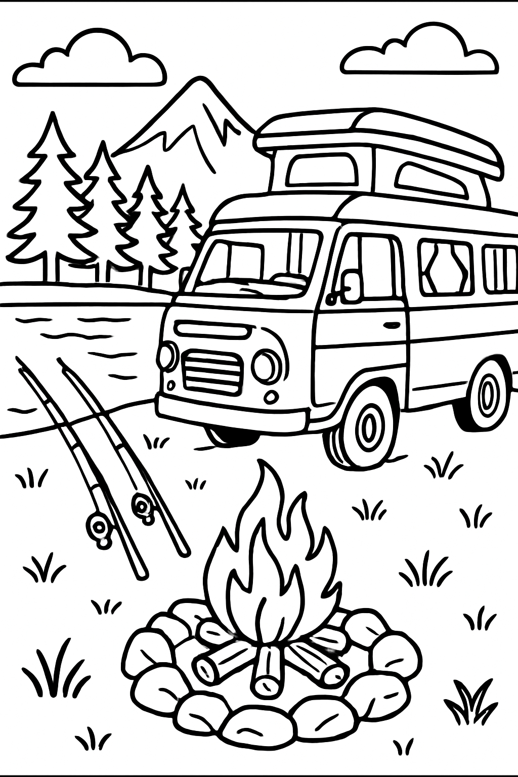 Charming Black and White Camping Scene Line Drawing Coloring Book Pages