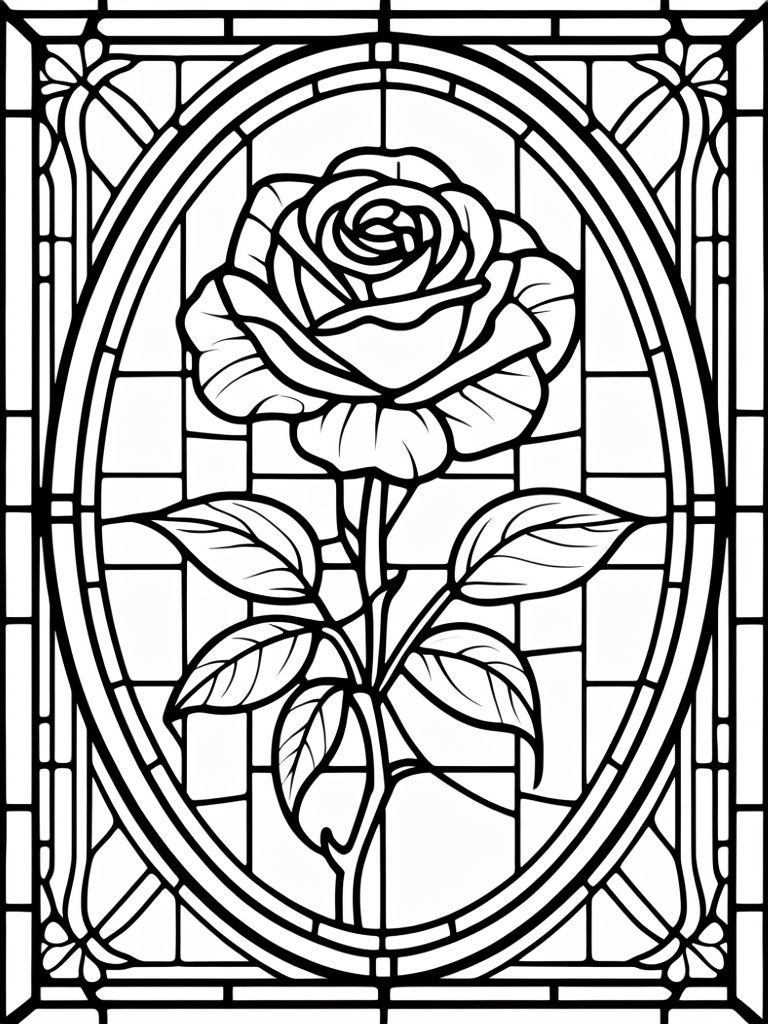 Intricate Stained Glass Rose Design for Coloring Book Pages