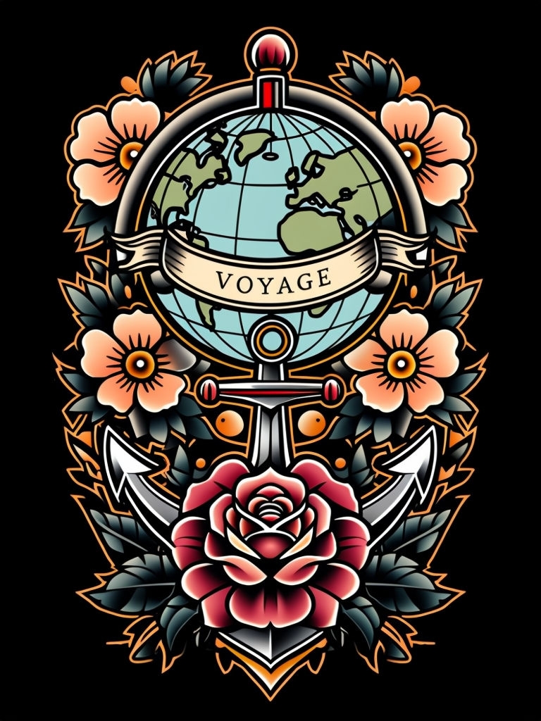 Traditional Tattoo Voyage Globe Design T-Shirt