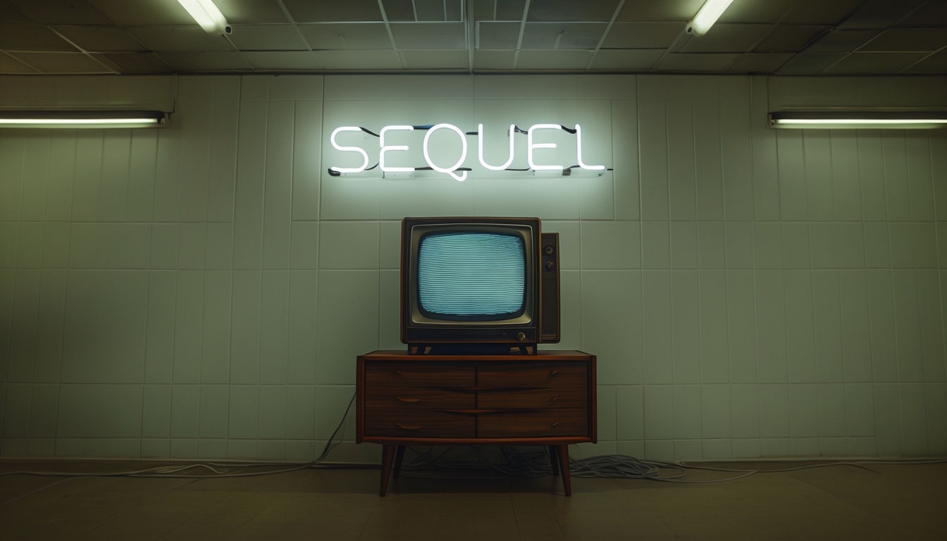 Minimalist Retro Television with Neon Sign 'SEQUEL' Poster
