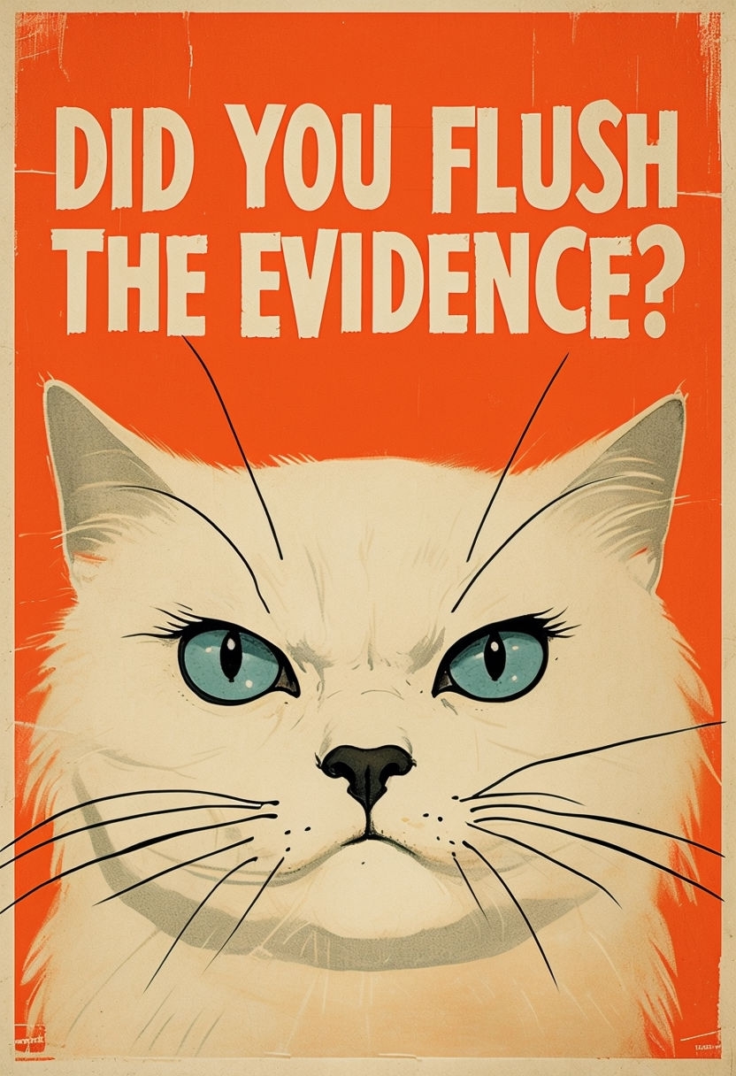 Humorous Vintage Cat Poster Asking Did You Flush The Evidence Memes