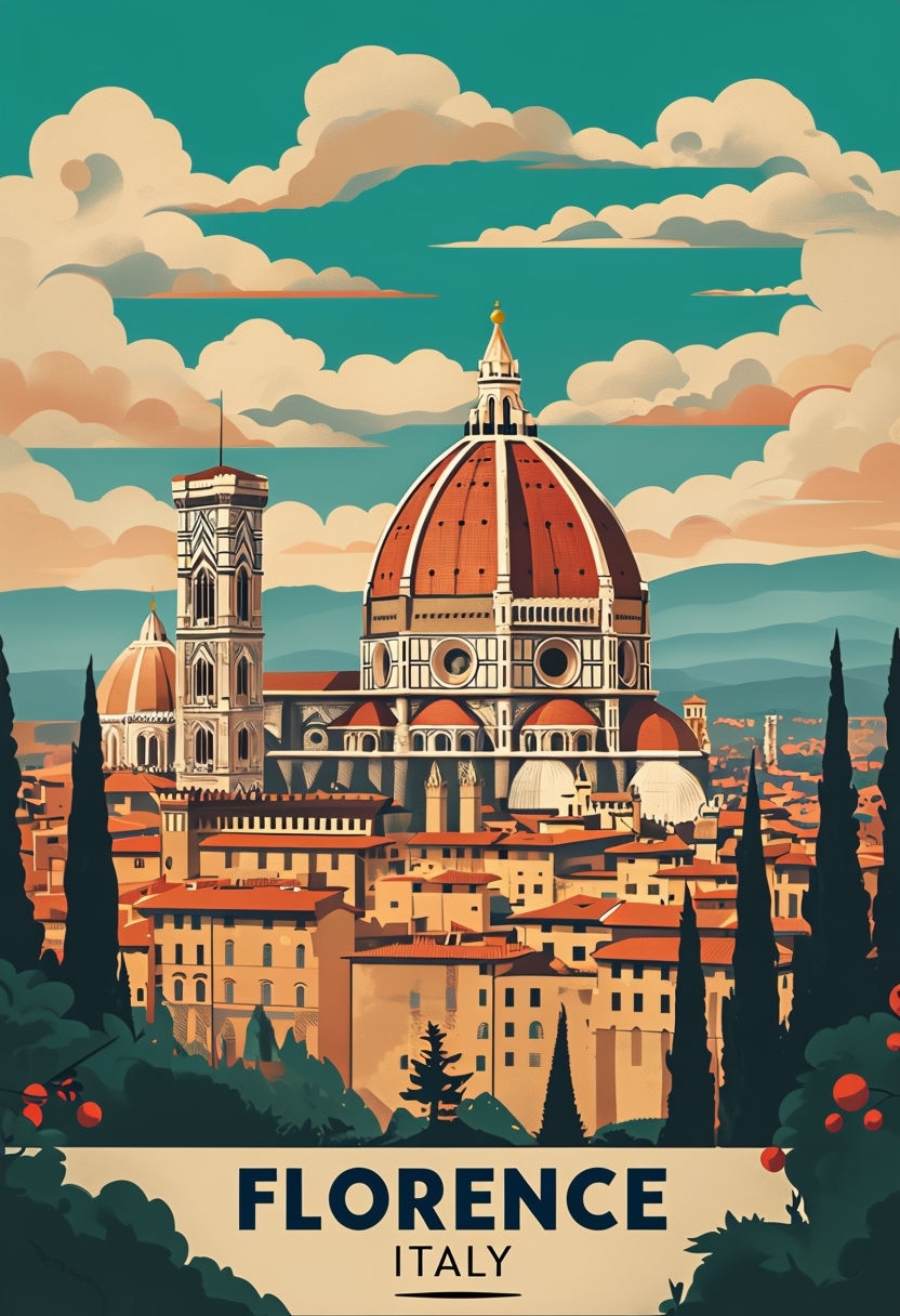 Vibrant Vintage Travel Poster of Florence Italy with Iconic Dome Poster