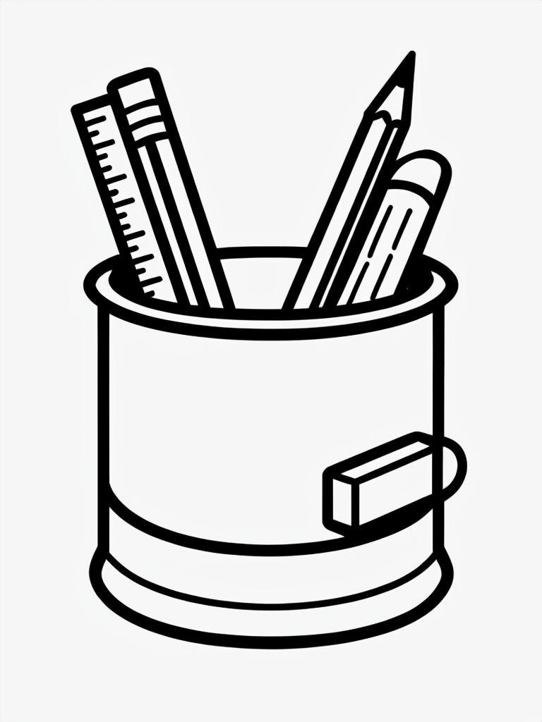 Black and White Line Drawing of Pencil Holder and Stationery Coloring Book Pages