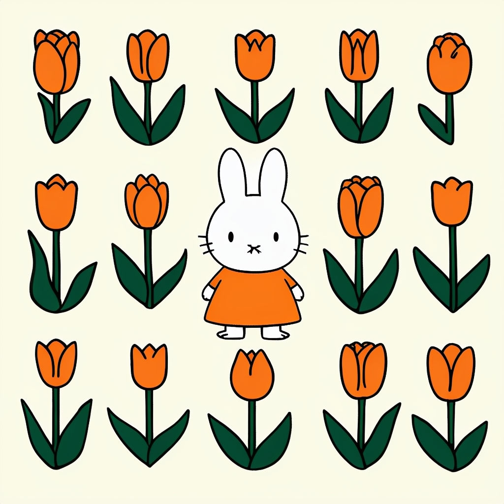Whimsical Miffy Bunny Among Colorful Tulips Seamless Pattern