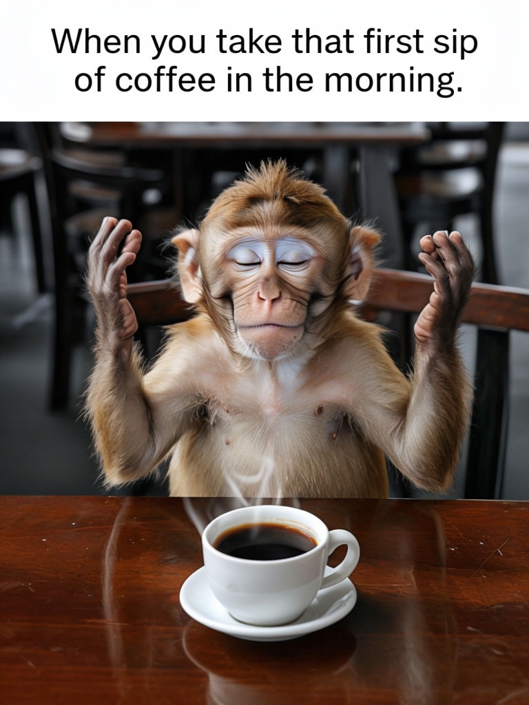 Curious Monkey Enjoying First Sip of Coffee Morning Meme