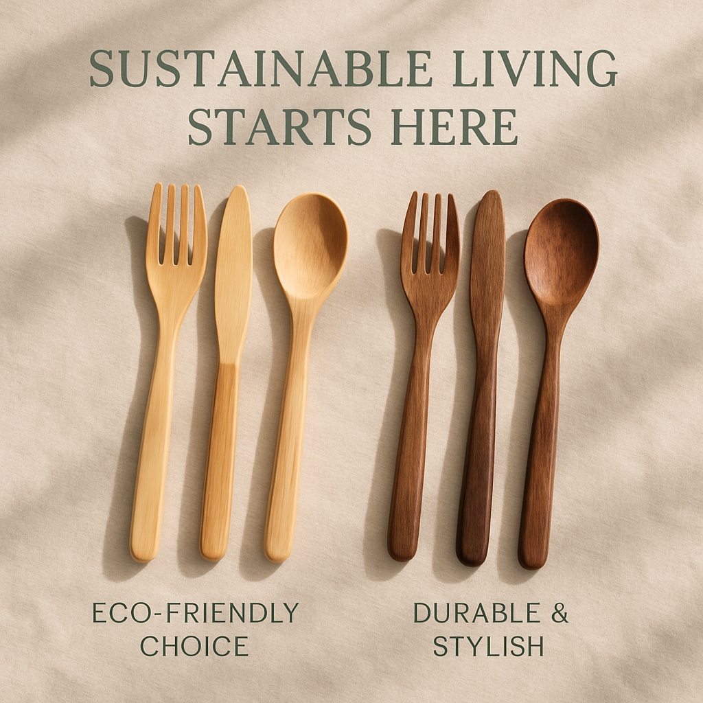 Minimalist Wooden Cutlery Product Photograph for Sustainable Living Ads