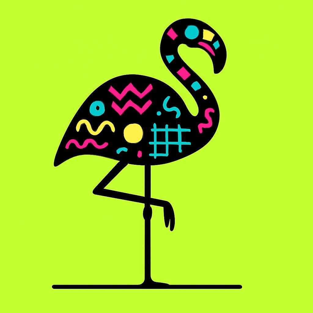 Vibrant Neon Black Flamingo with Geometric Patterns Sticker