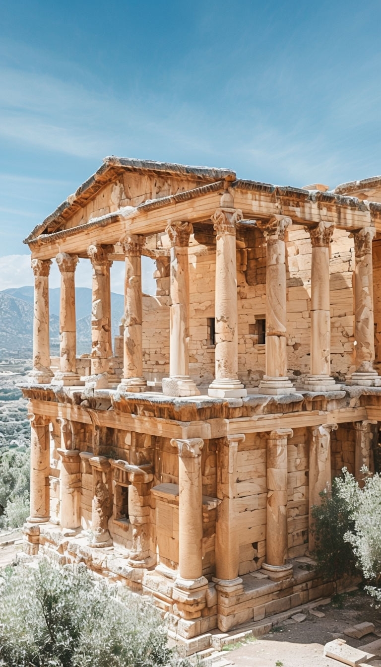 Ancient Architectural Marvel with Ionic Columns and Nature Mobile Wallpaper