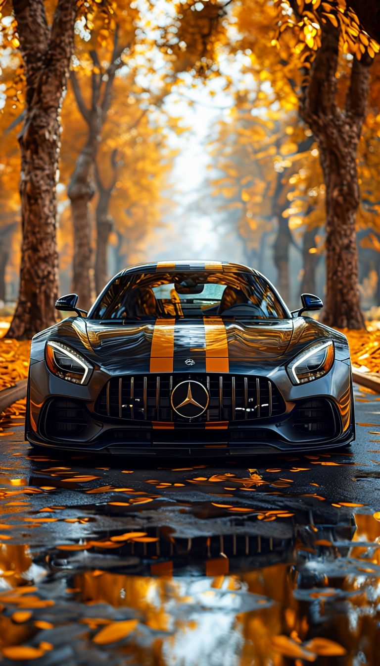Sleek Black Mercedes-Benz Sports Car with Autumn Foliage Mobile Wallpaper