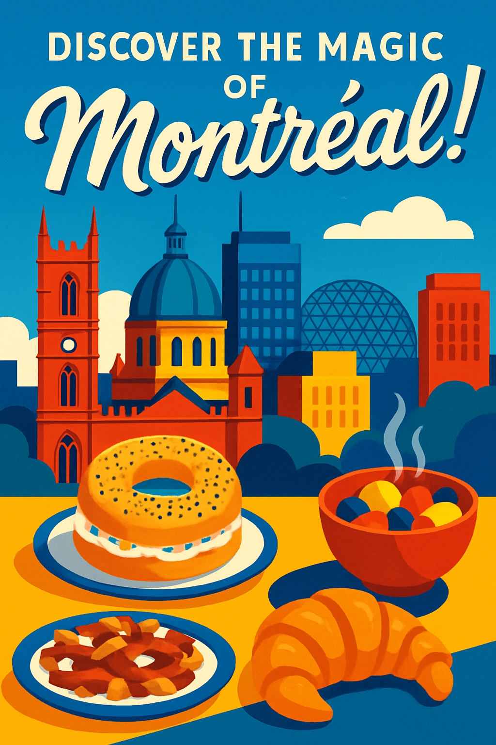Vibrant Retro Montreal Food and Landmarks Illustration Poster