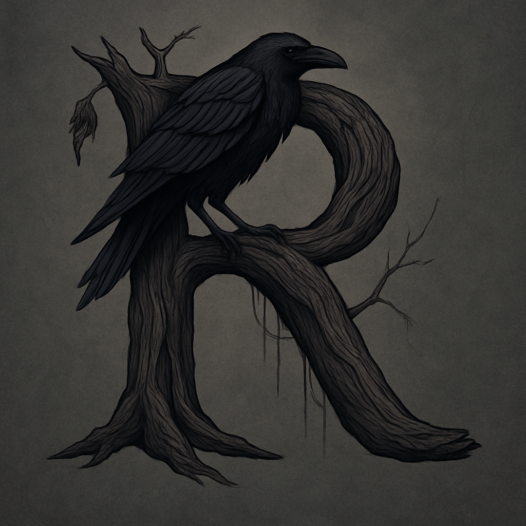 Mystical Letter R with Raven and Tree Bark Design Sticker