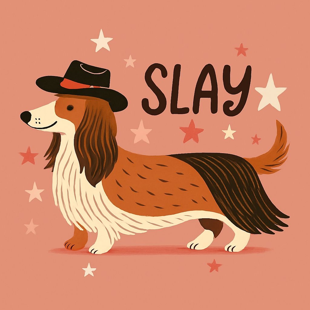Whimsical Long-Haired Dog with Cowboy Hat and Stars T-Shirt
