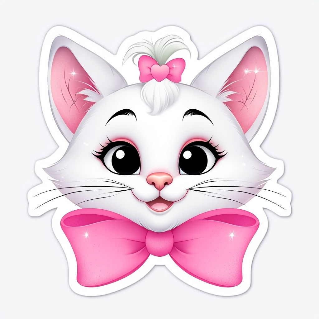 Cheerful Cartoon Cat Face Sticker with Bow and Sparkle Effects