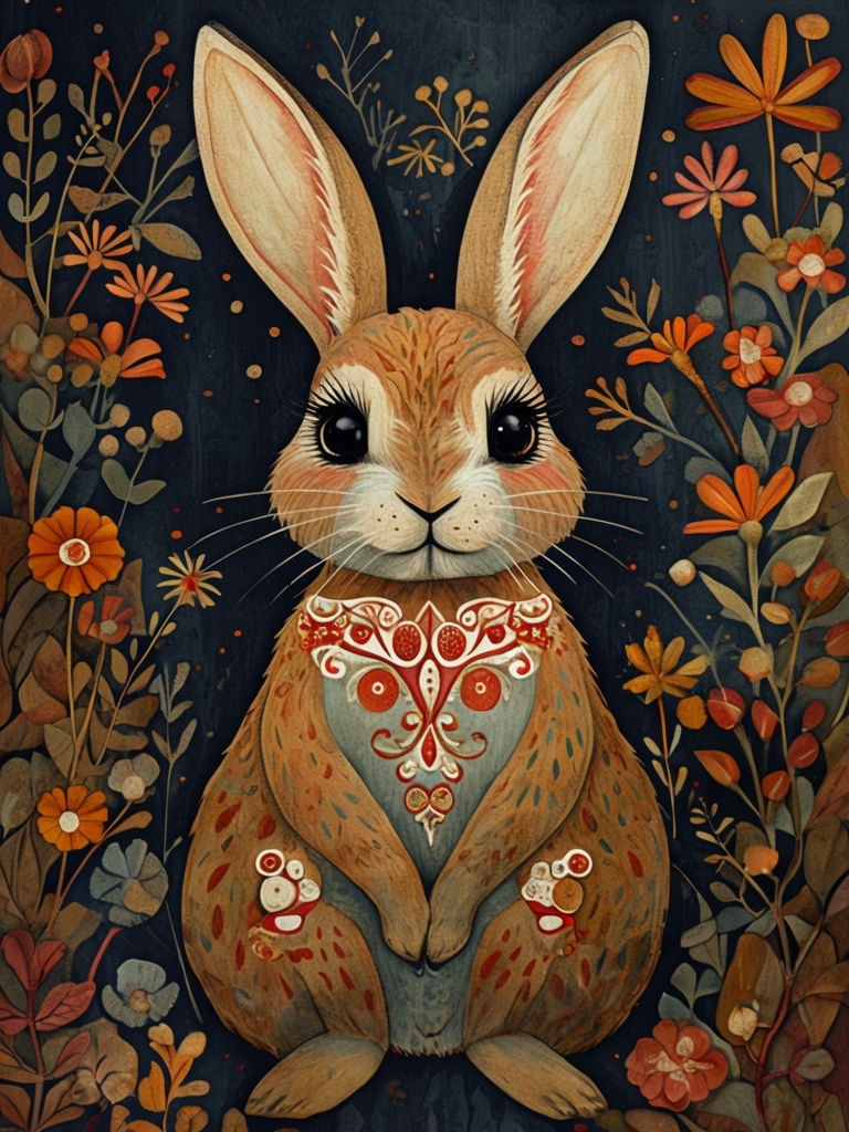 Whimsical Anthropomorphic Rabbit with Floral Motifs Art