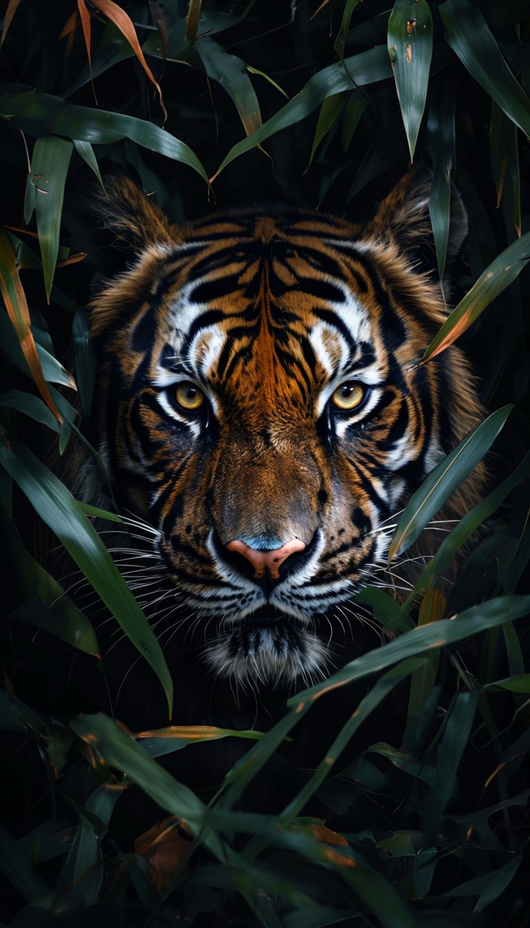Intense Tiger Gaze Emerging from Green Foliage Mobile Wallpaper