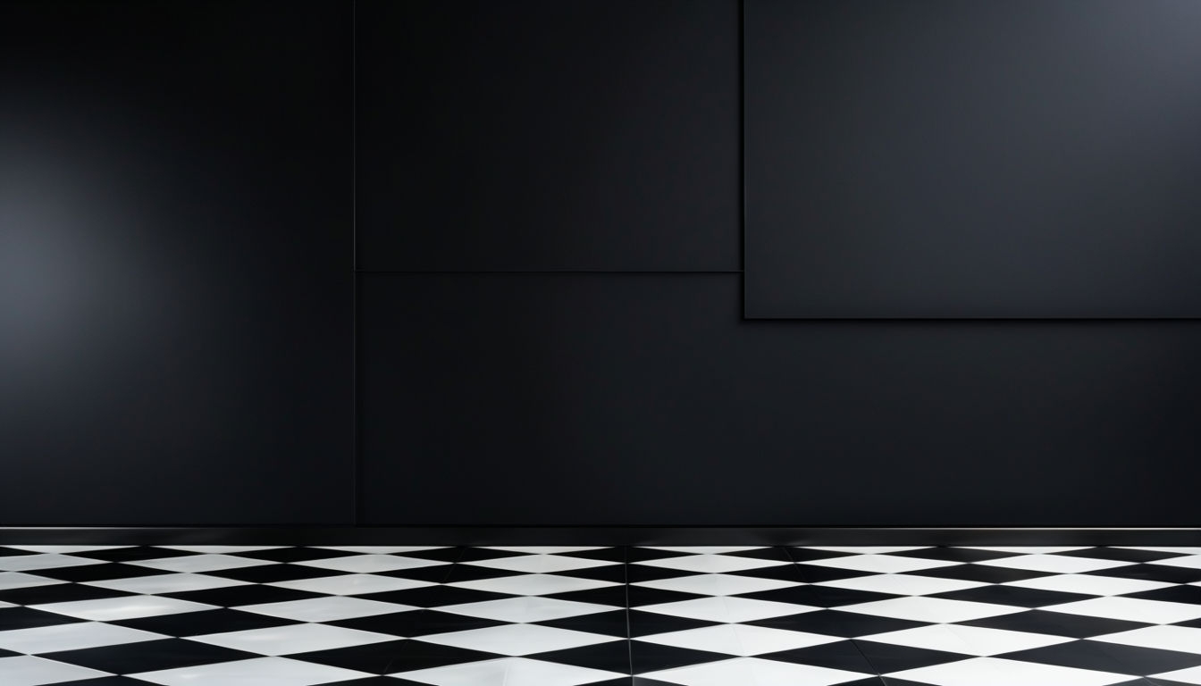 Sleek Modern Interior with Black Wall and Chessboard Floor Background