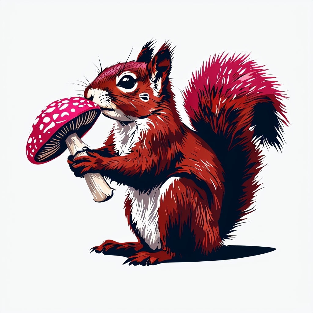Curious Squirrel with Speckled Mushroom Whimsical Sticker