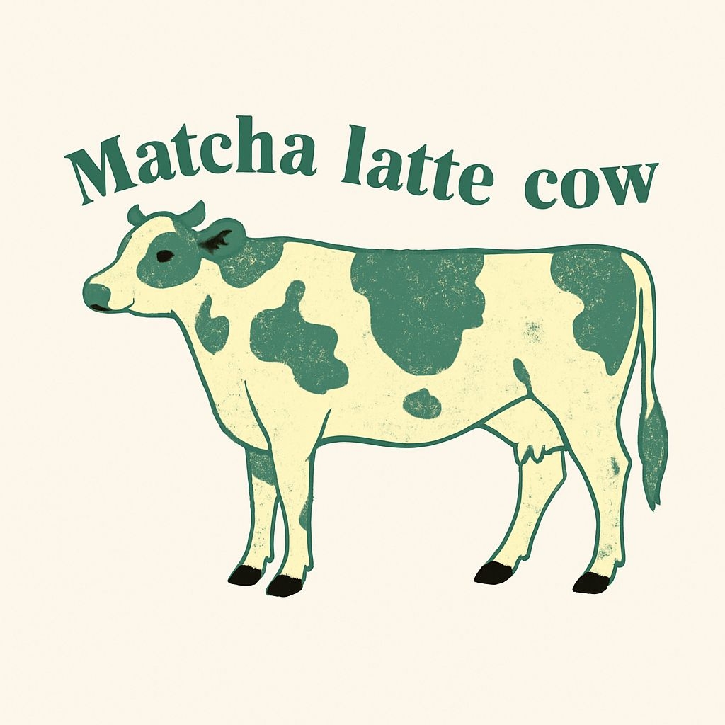 Whimsical Matcha Latte Cow Illustration Sticker