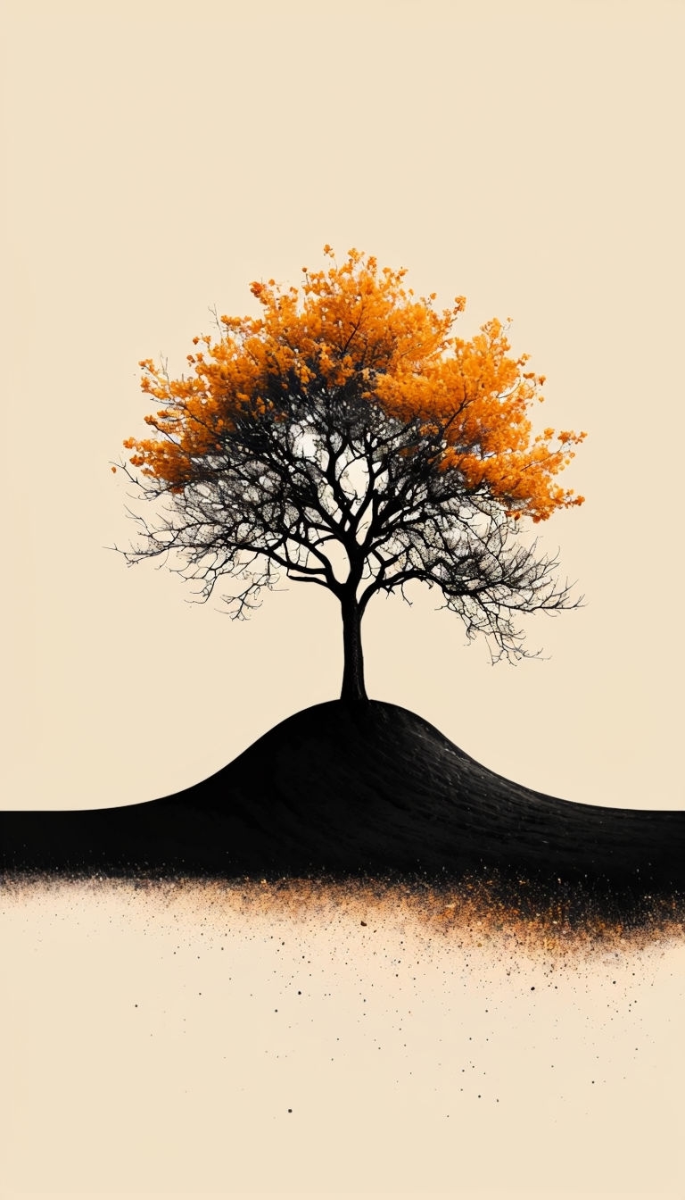 Solitary Tree with Amber Foliage Minimalist Artwork Mobile Wallpaper