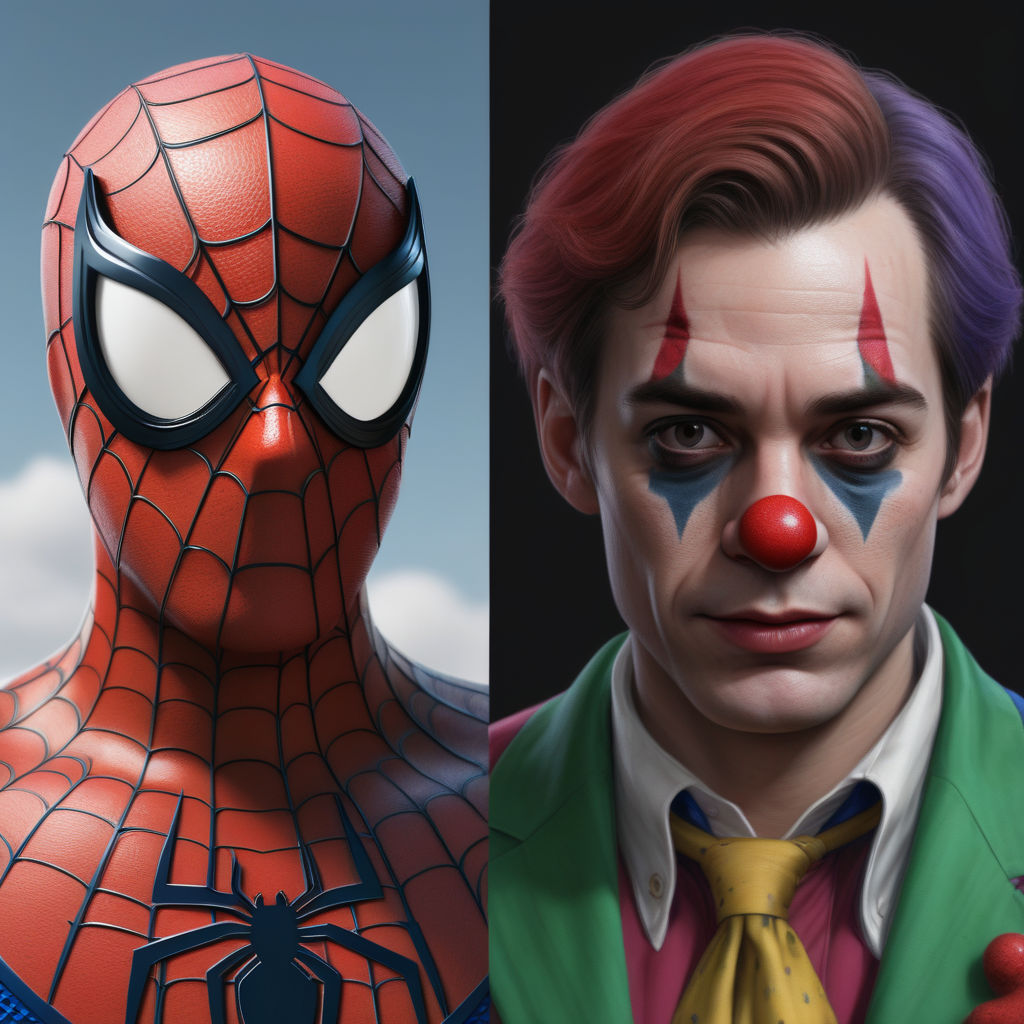 A hyperrealistic portrait of spider man in a clown's suit wi... by Jason Smith - Playground