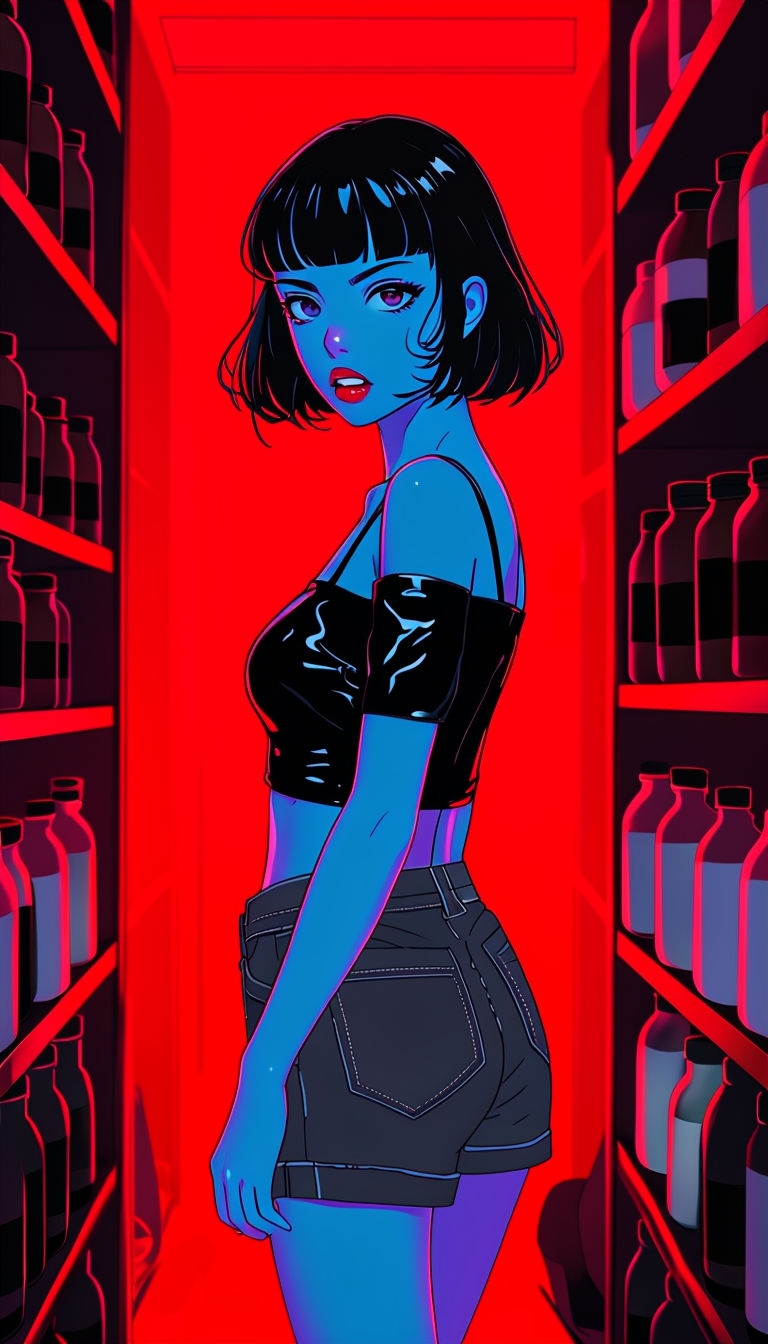Mysterious Anime Girl in Crimson Alleyway Digital Art Piece